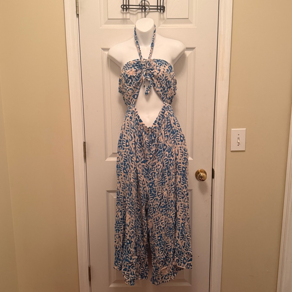 Free People Blue and Cream Jumpsuit